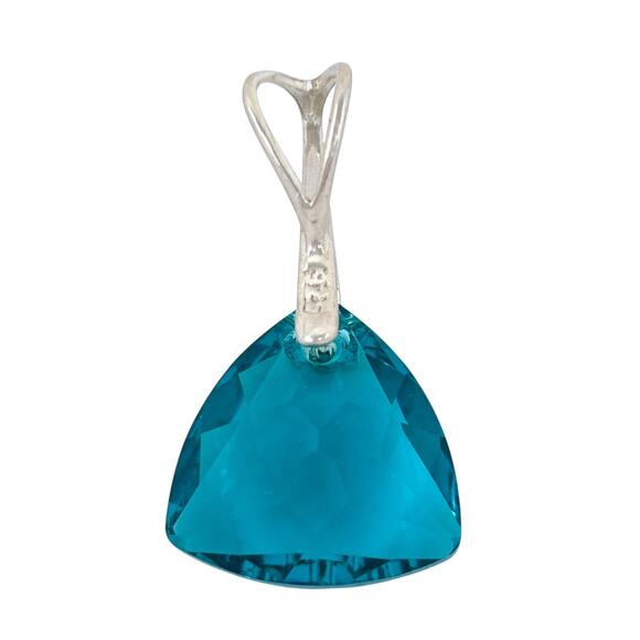 Teal Faceted Glass Pendant | Sterling Silver 925 Statement Triangle - Picture 3 of 11